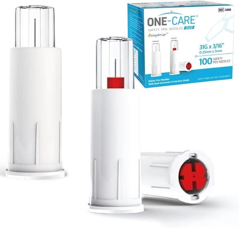Onecare Safety Pen Tips Duo, 31G x 3/16'' (5mm), Dual-End Safety Shield, Universal Fit, 100/bx, Comfortable, Ultra-Fine Fit for Pen Devices - Image 1